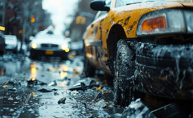 Fototapeta premium Closeup of an accident with two cars on the road, focusing on a damaged black car after a traffic crash in the city during the day