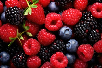 Raspberry, strawberry, blackberry and blueberry background. Top view.