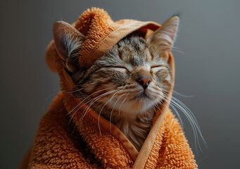 Naklejka premium Cute little cat is sitting on the bed after bath wrapped in towel and sleeping. Pet care and washing concept