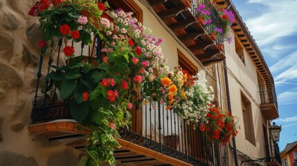 Flowers in Flower pot hanging on on traditional Balcony Fence, Spring Beautiful Balcony Flowers on Sunset