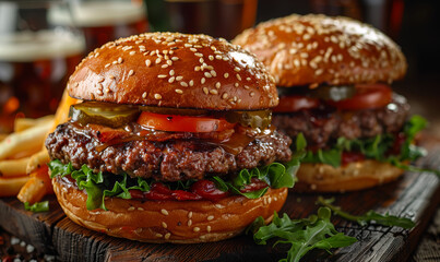 Two delicious beef burgers with lettuce cheese onion and tomato on sesame buns served on wooden board with French Fries and beer in glasses on dark wooden background