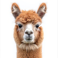 A close up of a brown and white llama with a white face