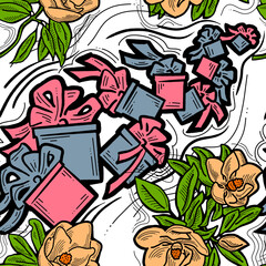 Gift box, ribbon and flowers seamless vector pattern for wrapping present with bow, party celebration, sale promotion, Textile print, fabric design, banner background. Hand drawn style illustration.