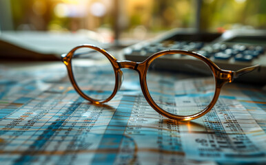 Glasses and calculator on the financial newspaper with sunlight business and finance concept