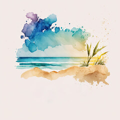 Watercolor painting in circular frame serene coastal scene with ocean waves, soft hues