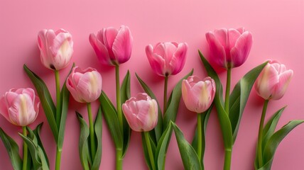 A row of pink flowers with green stems are arranged in a row