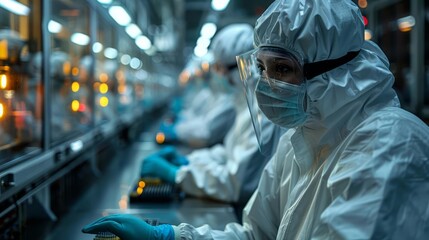 A worker in a clean suit assembles electronic components in a factory.