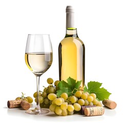 bottle of wine and grapes with green leaves on white background