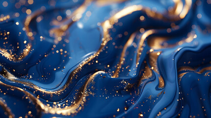 Blue palette liquid ink background with golden streaks. Generative AI. - obrazy, fototapety, plakaty