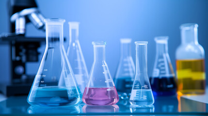 Glass flask in science laboratory background