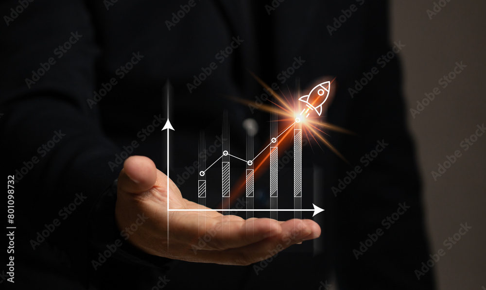 Sticker man hand with stock market graph with rocket. finance chart investment growth high. the currency tra