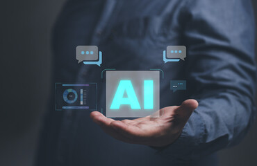 concept technology artificial intelligence ai connection chatbot. man use smartphone to input data...