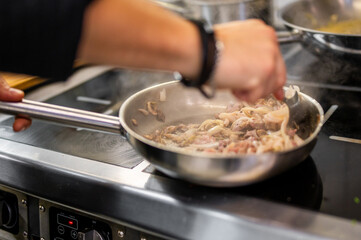 Chef skillfully sautéing onions and mushrooms in a pan on a stovetop, embodying the art of culinary expertise