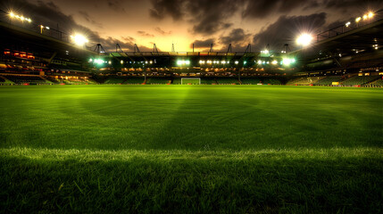 Grass ground of football stadium at night, shallow depth of field