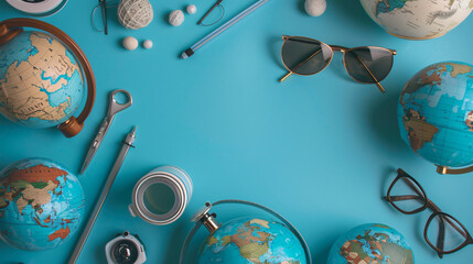 Set of tourists supplies and globes on color background