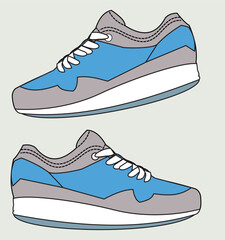 Sneakers in blue and gray colors. Vector illustration of sport shoes.