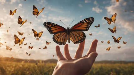 Butterfly in hand in nature. Happy childhood concept.  AI generated image, ai