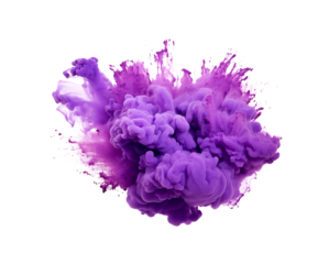 A burst of purple ink cloud erupts in the air, forming an abstract flower shape with dynamic droplets on a pure white background. Generative AI