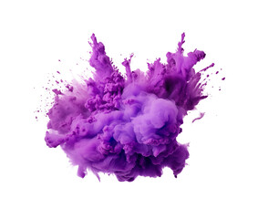A burst of purple ink cloud erupts in the air, forming an abstract flower shape with dynamic droplets on a pure white background. Generative AI