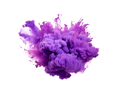 A burst of purple ink cloud erupts in the air, forming an abstract flower shape with dynamic droplets on a pure white background. Generative AI