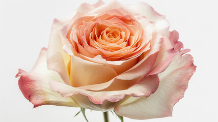 A delicate rose in full bloom, its petals unfolding gracefully in stark contrast against the white backdrop