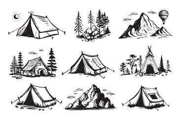 Camping set, Mountain landscape, hand drawn style, vector illustration.   © Tatiana