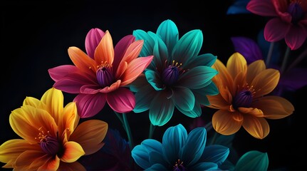 Colorful flower in neon colors on black background. Abstract multicolor floral backdrop. Magic fantasy flower.generative.ai 