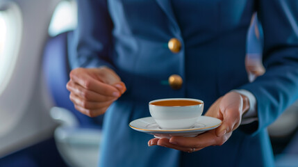Premium in-flight service business class. Serving coffee and tea in the first class. flight attendant uniforms 