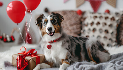 Cute Australian Shepherd dog with gift and balloons at home. Valentine's Day celebration