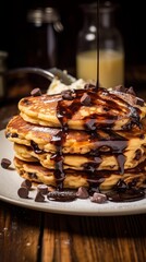 fluffy chocolate chip pancakes with the topping of butter and sugar syrup