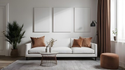 Fototapeta premium Empty painted wall.Modern Accent furniture and blank background.Bedroom interior trend 2024 year Modern luxury apricot room interior home designs