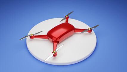 Flying red drone on white podium isolated blue background. 3D rendering image.