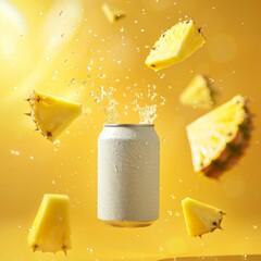 yellow soft drink can mockup floating with water droplets in a vibrant ananas yellow background 