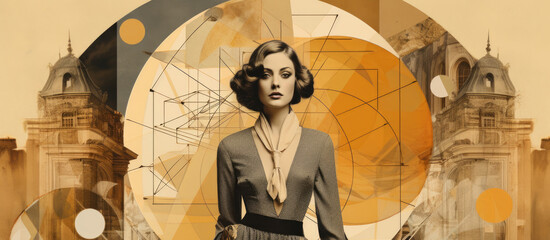 Retro collage with woman in Art Deco vintage dress, abstract background