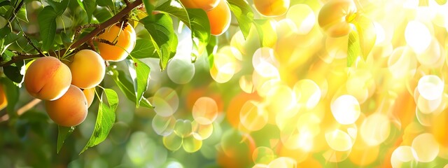 Ripe apricots on an apricot tree. Blurred glitter background.