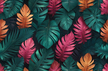 trendy summer Balinese style with floral pattern background, colorful summer tropical leaves in pink, yellow, green colors, artistic photo wallpaper