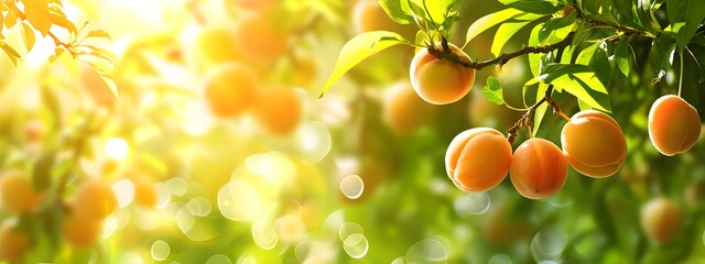 Ripe apricots on an apricot tree. Blurred glitter background.