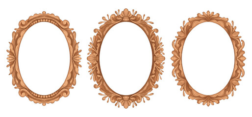 Vintage Golden Carving Frame with Floral Ornament Collection. Set of Elegant Oval Border in a Classic Baroque style