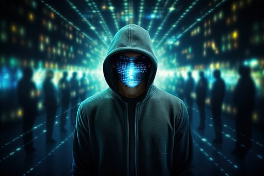 A man wearing a hooded jacket with a face illuminated in a glowing light. Generative AI