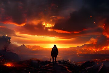 Fototapeta premium The most vibrant sky sunset with a fiery tone. A brave warrior who has the courage to approach for salvation, 勇敢な戦士, 勇敢です, .ai, generative, a warrior who comes to save, 용사, 용기, brave