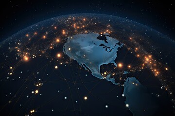 Fototapeta premium The earth is seen from space with its landmasses illuminated by the lights of cities at night. Generative AI