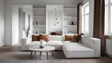 Fototapeta premium Modern luxury interiors designs. Empty painted wall.dark accent furniture and blank background.Bedroom interior trend 2024 year Modern luxury apricot room interior home designs