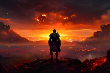 Obraz premium The most vibrant sky sunset with a fiery tone. A brave warrior who has the courage to approach for salvation, 勇敢な戦士, 勇敢です, .ai, generative, a warrior who comes to save, 용사, 용기, brave