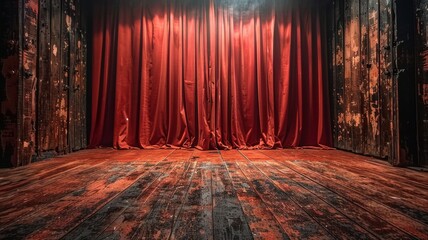 A red curtain hangs in front of a wooden stage