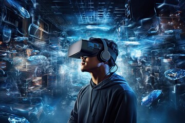 A man wearing a virtual reality headset, immersed in a digital world, experiencing a unique simulation. Generative AI