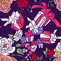 Gift box, ribbon and flowers seamless vector pattern for wrapping present with bow, party celebration, sale promotion, Textile print, fabric design, banner background. Hand drawn style illustration.