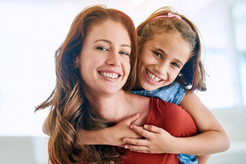 Mom, girl and smile in portrait with piggyback for love, trust and appreciation on mothers day....