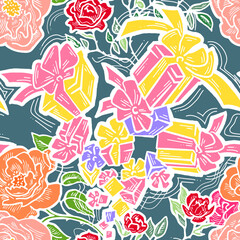 Gift box, ribbon and flowers seamless vector pattern for wrapping present with bow, party celebration, sale promotion, Textile print, fabric design, banner background. Hand drawn style illustration.