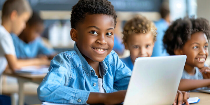 African American boy smiling at the camera with peers and laptop in a modern classroom environment.