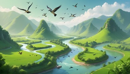 Create An Image Of A Tranquil River Winding Through A Lush Green Valley  With Birds Soaring...